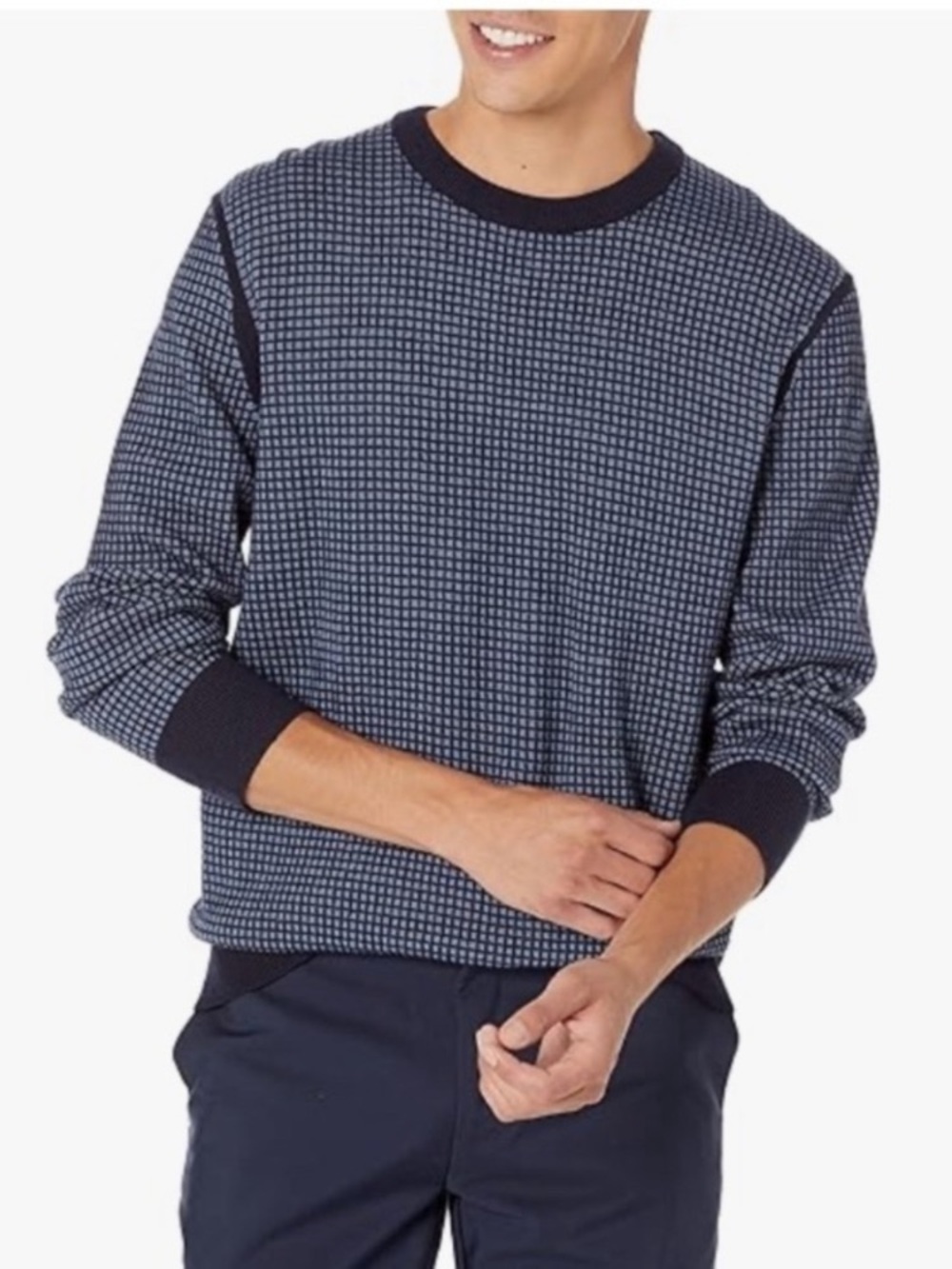 Theory Maden Blue Grid Merino Wool Knit Crewneck Sweater Size XL